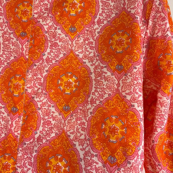 Elizabeth Wilson Mandala Floral Print Top XS Orange Pink White Ruffle Collar - Picture 10 of 11